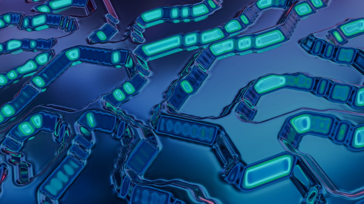 Abstract glowing blue and teal circuit-board pattern representing AI and technology