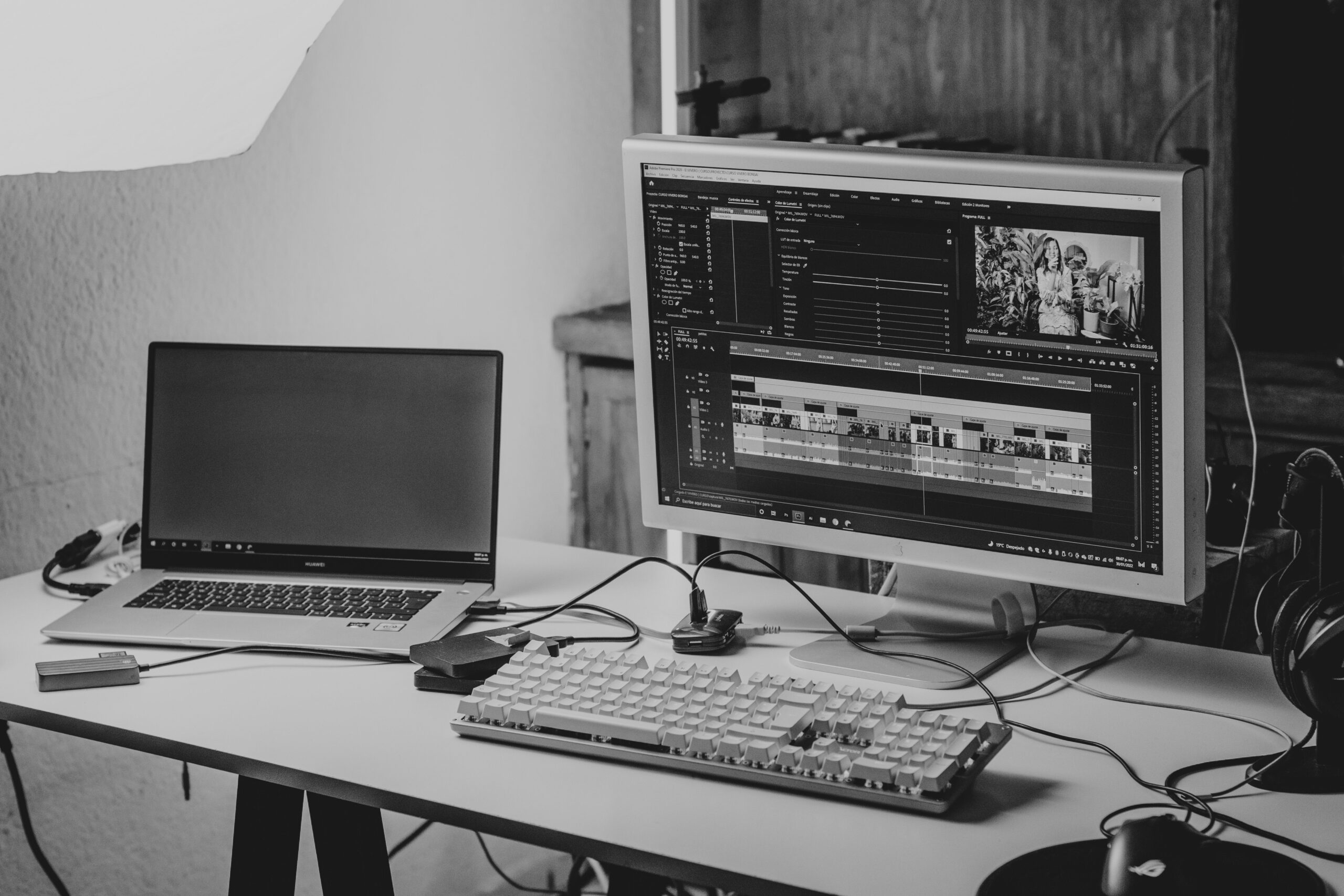 Illustrative photo of a laptop and monitor video editing workspace, representing course creation for online marketing